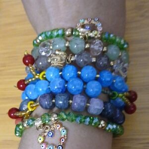 Blue and Green Beaded Bracelet Stack with Crystal Accents